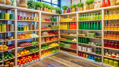 Wallpaper Mural Colorful shelves stacked with assorted products in a well-organized retail store with a warm and inviting atmosphere awaiting customers. Torontodigital.ca