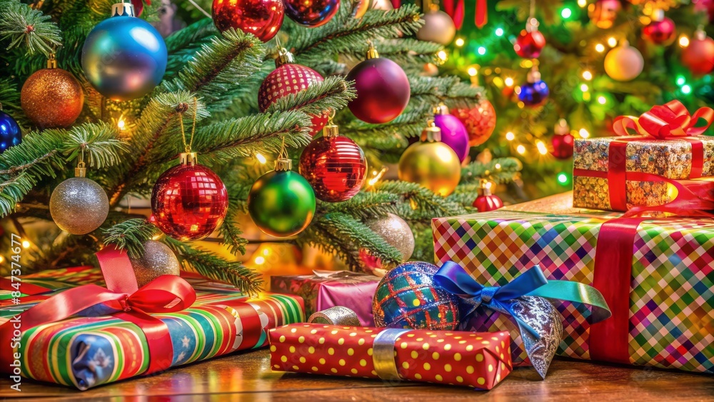 Vibrant colorful wrapping paper and ribbons surround a beautifully decorated christmas tree with festive holiday decorations nearby. Vibrant colorful wrapping paper and ribbons surround a beautifully decorated christmas tree with festive holiday decorations nearby.