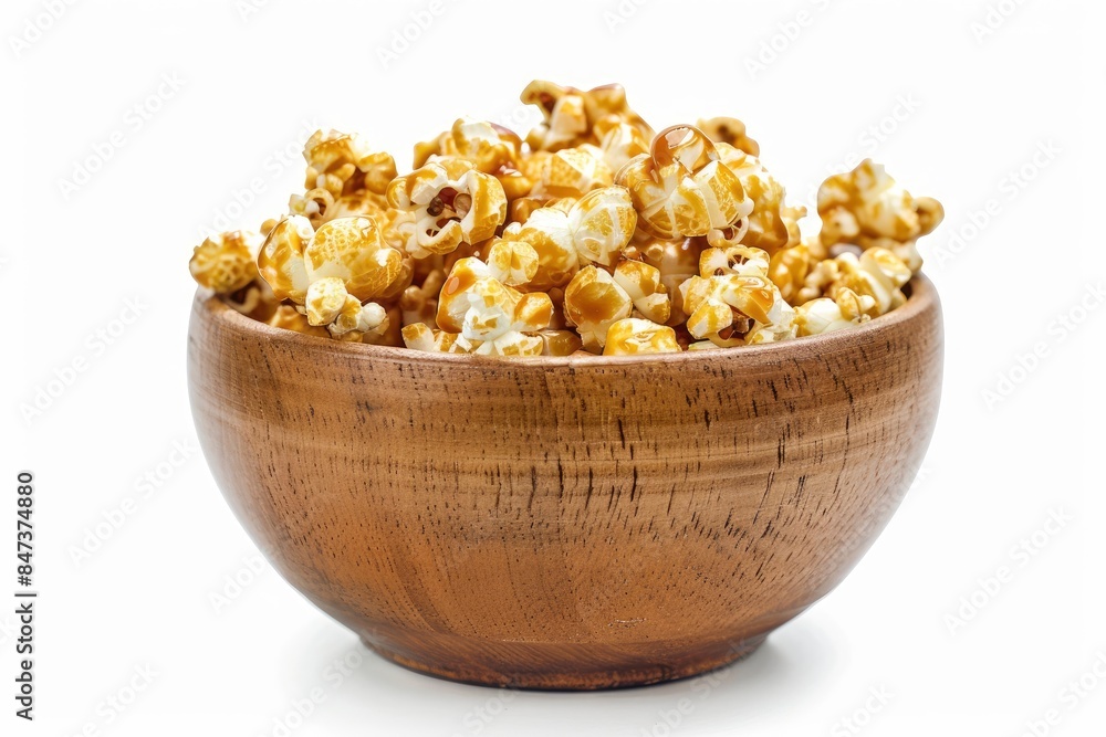 Caramel Popcorn in rustic bowl. Isolated on white background - generative ai Caramel Popcorn in rustic bowl. Isolated on white background - generative ai