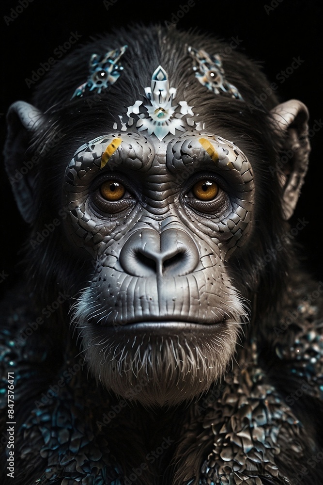 Symmetrical Chimpanzee Tattoo Design with Subtle Tribal Patterns - Monochrome Ink, Bold Makeup, and Glitch Art Symmetrical Chimpanzee Tattoo Design with Subtle Tribal Patterns - Monochrome Ink, Bold Makeup, and Glitch Art