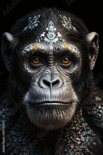 Symmetrical Chimpanzee Tattoo Design with Subtle Tribal Patterns - Monochrome Ink, Bold Makeup, and Glitch Art