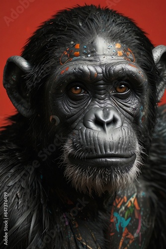 Symmetrical Chimpanzee Tattoo Design with Subtle Tribal Patterns - Monochrome Ink, Bold Makeup, and Glitch Art © VisionVirtuoso