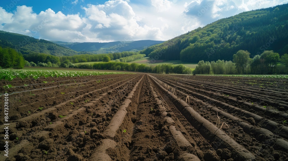 Field near a dam freshly plowed and prepared for planting vegetables Field near a dam freshly plowed and prepared for planting vegetables