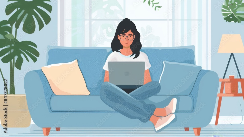 illustration Student attending an online class with a laptop in a comfortable home setting illustration Student attending an online class with a laptop in a comfortable home setting