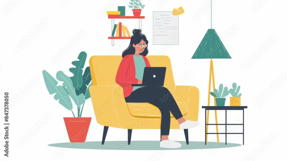 illustration Student attending an online class with a laptop in a comfortable home setting illustration Student attending an online class with a laptop in a comfortable home setting