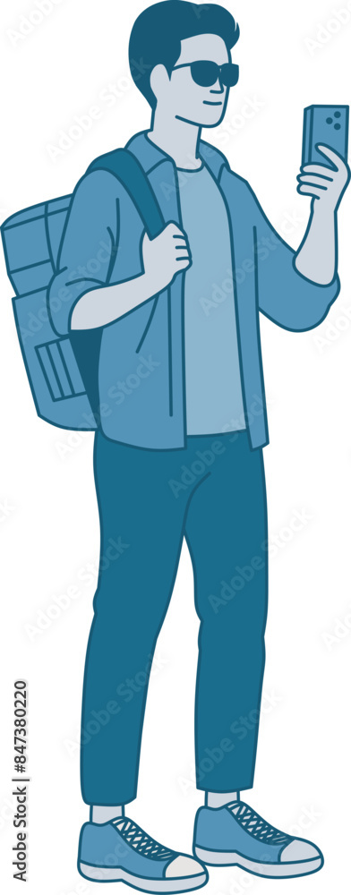 Illusrative spot vlogger using smartphone, using eyeglasses standing position. Vector illustration in hand drawn style