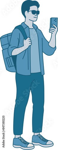 Illusrative spot vlogger using smartphone, using eyeglasses standing position. Vector illustration in hand drawn style