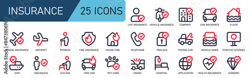 insurance icon set.style 2 line color.contains HOUSE FIRE,FIRE INSURANCE,PENSION,AIRCRAFT,TRAVEL INSURANCE,SHIP,OLD AGE,FIRE CAR,PET,HOSPITAL,CARE.