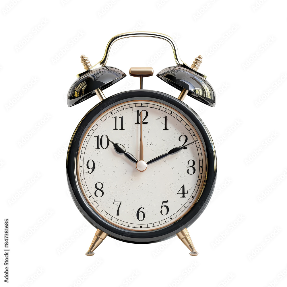 Retro black alarm clock with twin bell design, showing twelve o'clock. Classic and vintage style timepiece isolated on white background. Retro black alarm clock with twin bell design, showing twelve o'clock. Classic and vintage style timepiece isolated on white background.