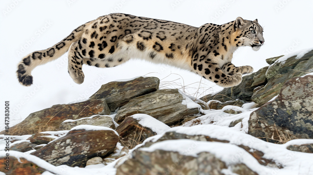 A snow leopard is leaping through the air, its fur covered in snow A snow leopard is leaping through the air, its fur covered in snow