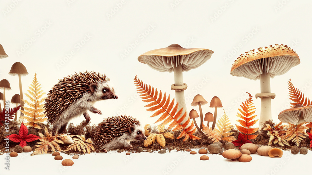 Two hedgehogs are walking through a forest with mushrooms and leaves Two hedgehogs are walking through a forest with mushrooms and leaves