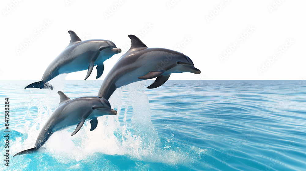 Three dolphins are leaping out of the water in a beautiful blue ocean Three dolphins are leaping out of the water in a beautiful blue ocean