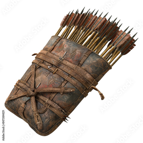 Vintage leather quiver full of arrows. Ideal for archery, medieval themes, historical reenactment, or hunting. Handcrafted, authentic design.