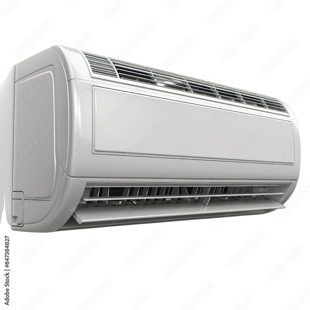 Wall-mounted air conditioner unit on white background, perfect for cooling and climate control in residential and commercial spaces. Wall-mounted air conditioner unit on white background, perfect for cooling and climate control in residential and commercial spaces.