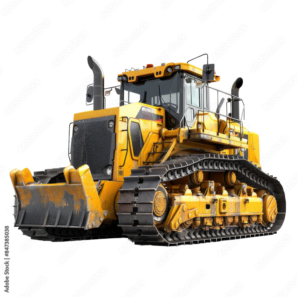 Yellow bulldozer with heavy-duty tracks and blade on white background. Perfect for construction and industrial projects. Yellow bulldozer with heavy-duty tracks and blade on white background. Perfect for construction and industrial projects.