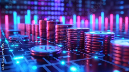 Stacks of coins arranged in a geometric pattern with a glowing digital grid in the background, neon blue and purple lights, futuristic, 3D render