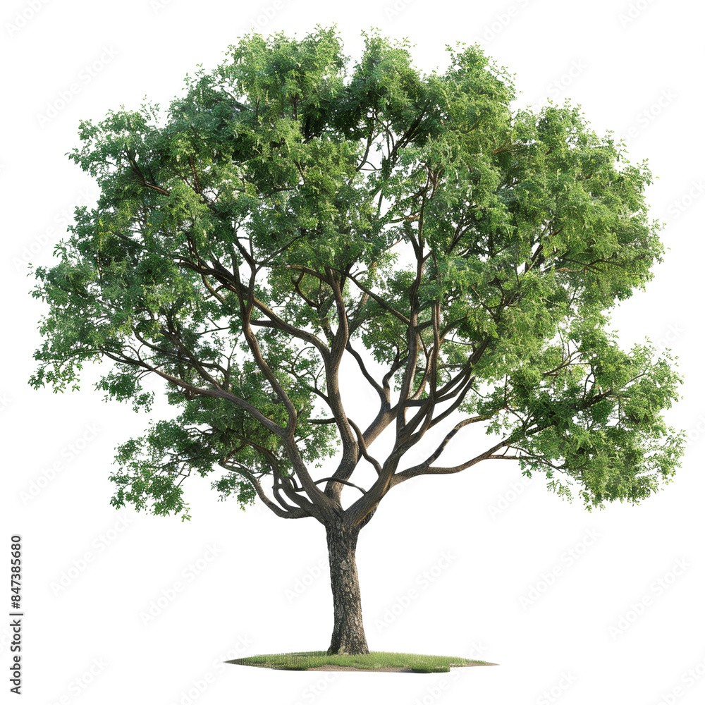 Obraz premium A lush green tree with abundant foliage and sturdy branches, standing majestically against a white background.