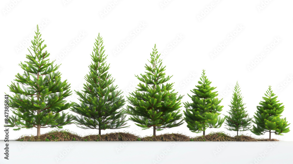 Obraz premium A row of green pine trees of varying sizes on a white background, isolated without any decor, suitable for nature and winter themes.