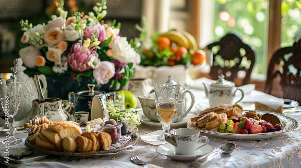 A table is set with a variety of food and drinks, including a cake, fruit generated by AI A table is set with a variety of food and drinks, including a cake, fruit generated by AI