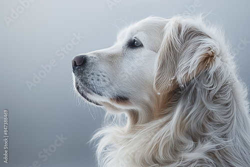 A white dog with a long, fluffy coat is looking at the camera