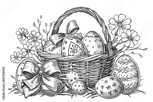 Vector art illustration easter basket with easter eggs on a white background a drawing of a basket of eggs in grass and a drawing of grass and a tree branch basket of painted generative ai