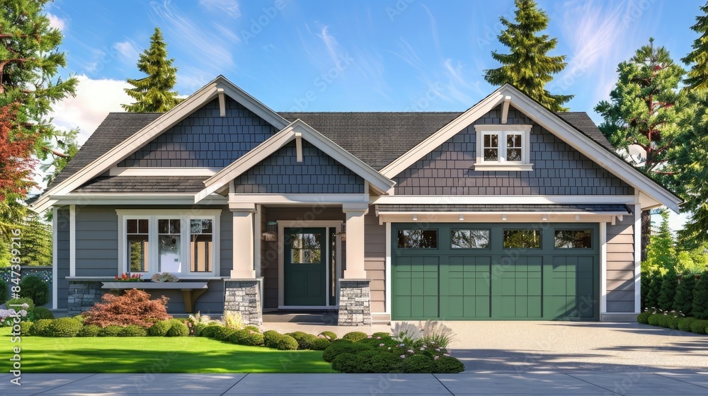 suburban home with green door and grey shingle wall, garage door, driveway, front yard, photo realistic