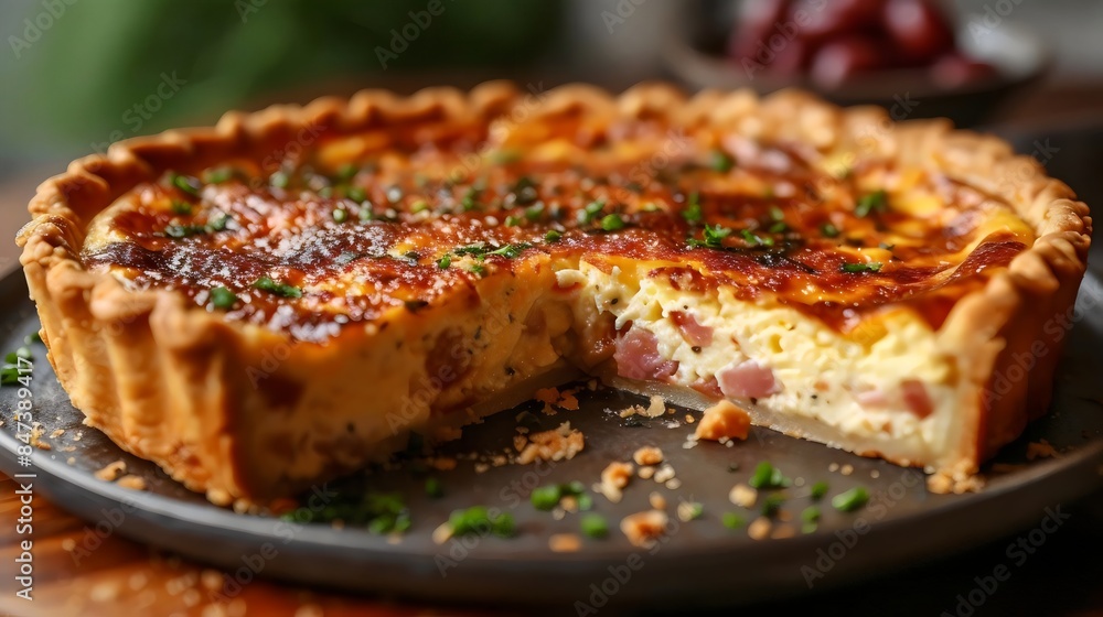 A pie is cut in half and has a piece missing A pie is cut in half and has a piece missing