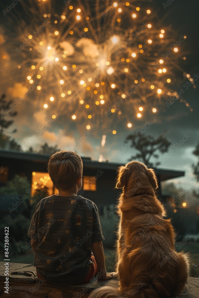 A boy and his dog watching fireworks together. A boy and his dog watching fireworks together.