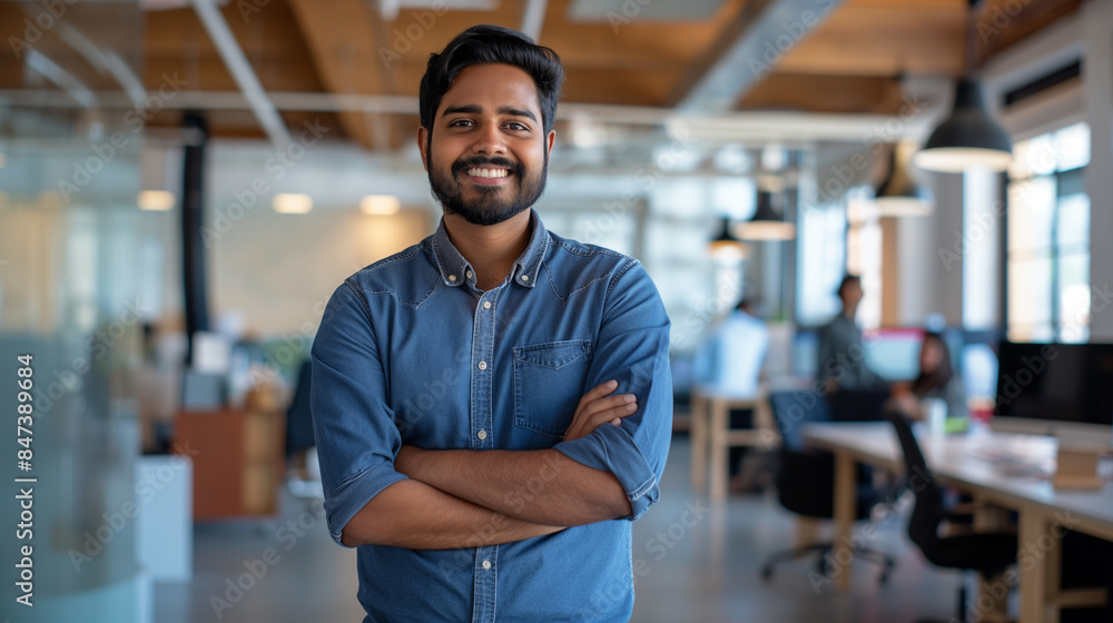portrait of an Indian software engineer standing in modern office looking at camera, tech worker portrait of an Indian software engineer standing in modern office looking at camera, tech worker