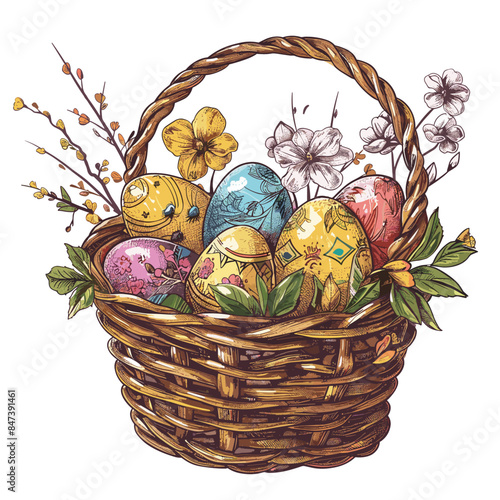 Vector art illustration easter basket with easter eggs on a white background a drawing of a basket of eggs in grass and a drawing of grass and a tree branch basket of painted generative ai