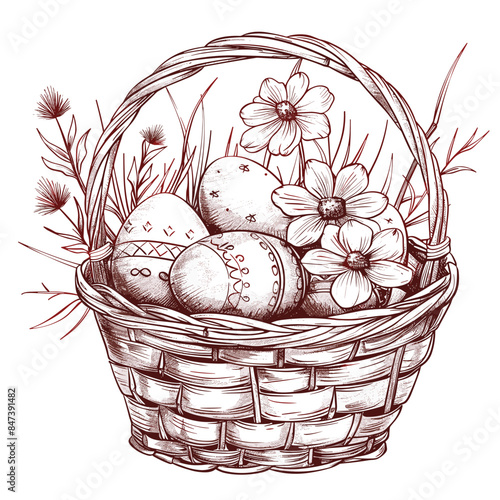 Vector art illustration easter basket with easter eggs on a white background a drawing of a basket of eggs in grass and a drawing of grass and a tree branch basket of painted generative ai