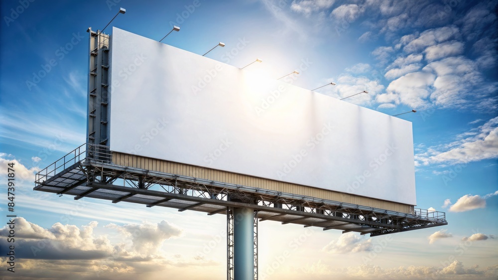 A large billboard with a white background and a blue sky A large billboard with a white background and a blue sky
