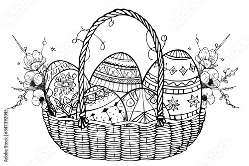 Vector art illustration easter basket with easter eggs on a white background a drawing of a basket of eggs in grass and a drawing of grass and a tree branch basket of painted generative ai