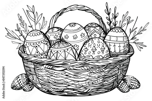 Vector art illustration easter basket with easter eggs on a white background a drawing of a basket of eggs in grass and a drawing of grass and a tree branch basket of painted generative ai