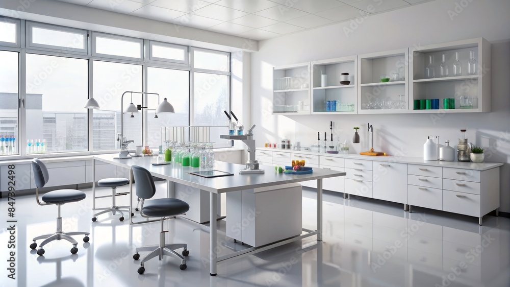 A clean and organized laboratory with a large window overlooking the city A clean and organized laboratory with a large window overlooking the city