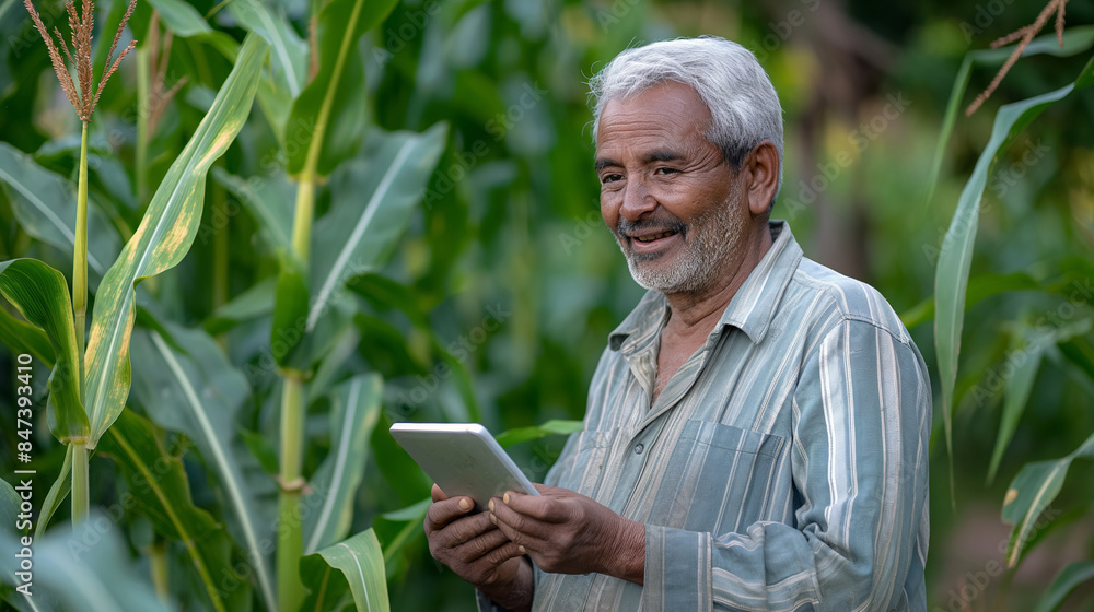 A Senior Male Corn Farmer holding tablet in front of his corn field A Senior Male Corn Farmer holding tablet in front of his corn field