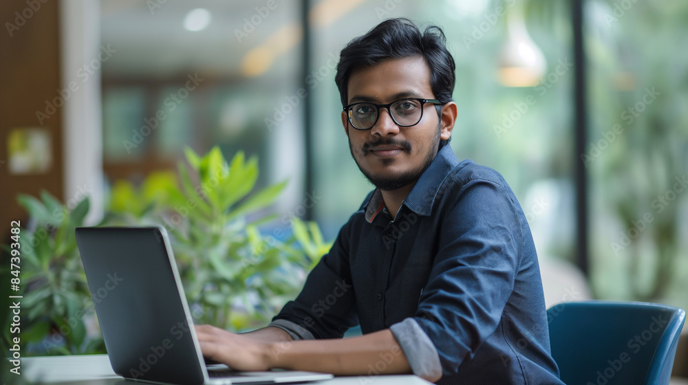 portrait of an Indian software engineer or web developer working on laptop in modern office looking at camera, tech worker portrait of an Indian software engineer or web developer working on laptop in modern office looking at camera, tech worker