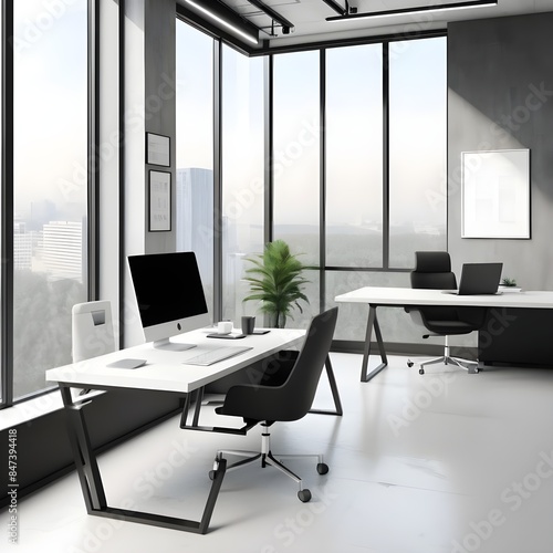 Modern beautiful office interior with workplace near panoramic window. Mock up wall 