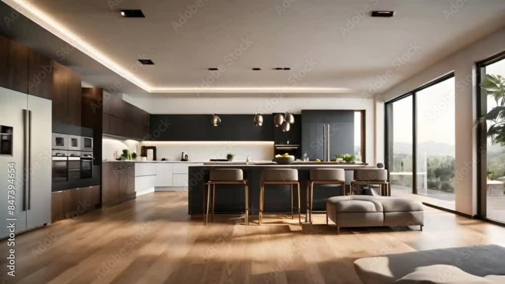 3D rendering, wide camera of modern living room concept with kitchen 3D rendering, wide camera of modern living room concept with kitchen