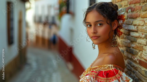 A young Latina female model in a traditional flamenco dress on a quaint Spanish street. 