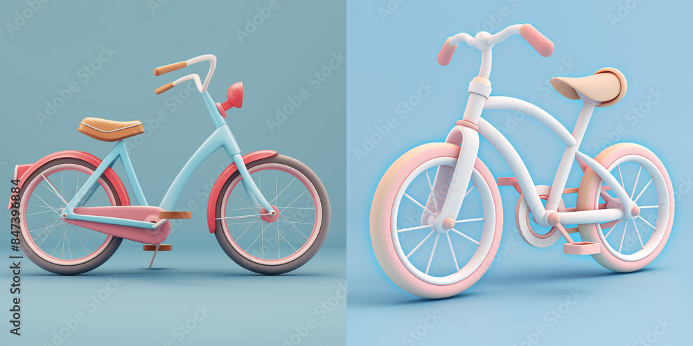 Fototapeta premium set of Cute bicycle. 3D Cartoon Animation Style.