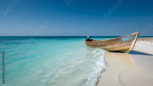 Serenity: wooden fishing boat on secluded tropical beach with crystal-clear turquoise waters