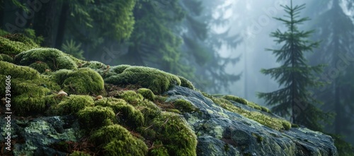 Close Up of Mossy Rock in Foggy Forest