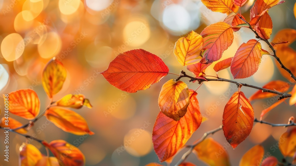 Vibrant Autumn Leaves on a Branch in Sunlight Vibrant Autumn Leaves on a Branch in Sunlight