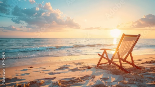 Lonely Beach Chair At Sunset