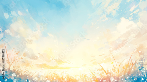 幻想的な夕暮れの空と草原の水彩イラスト風景
