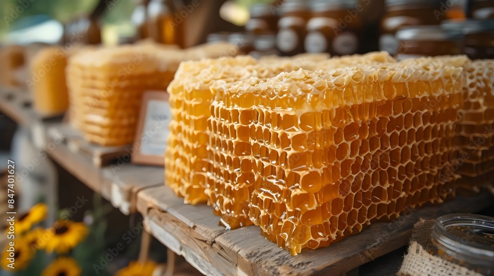 A display of honeycomb on a wooden shelf A display of honeycomb on a wooden shelf