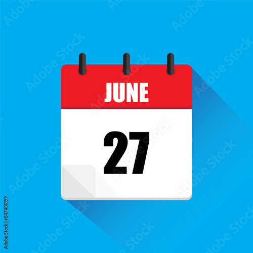 Vector calendar icon. June twenty-seventh date. Red and white colors. Blue background.