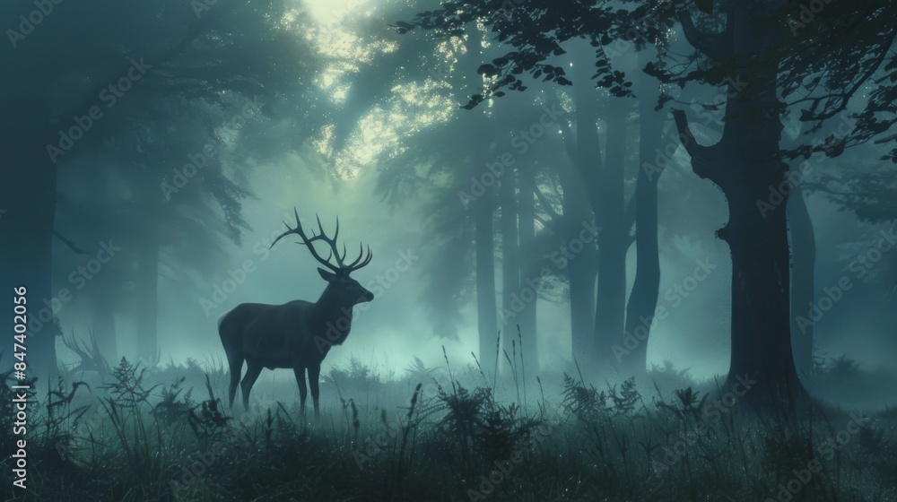 A deer is standing in a forest with trees in the background A deer is standing in a forest with trees in the background