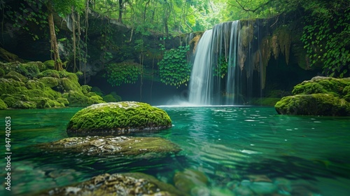 A waterfall is flowing into a body of water